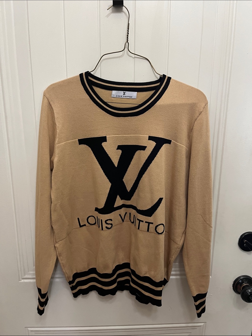 Source Unknown Tan and Black Logo Crewneck Sweater